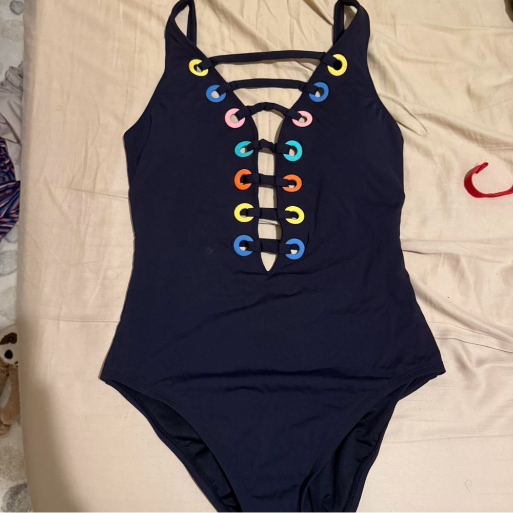 Blue Rod Beattie Black Swimsuit with Vibrant Accents